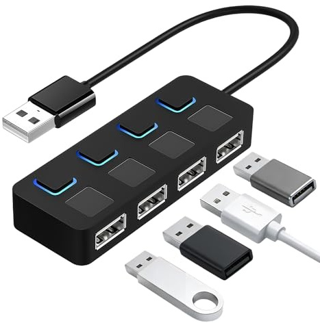 4 Port USB Hub 2.0 with Cable, Ultra-Slim Portable Multi Port Adapter, High-Speed 480Mbps Extender with Individual LED Power Switches, USB 2.0 Splitter Hub for Mac Windows Laptop PC Hard Drives