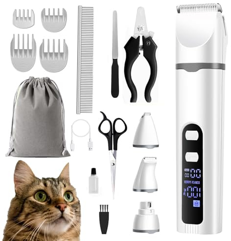 BreeyPaws 4 in 1 Cat Clippers Paw Trimmer Grooming Kit,Cat Shaver for matted Fur Claw Silent,Pet Shaver Trimmer for Cats Dogs Paws with Child Lock Battery Display