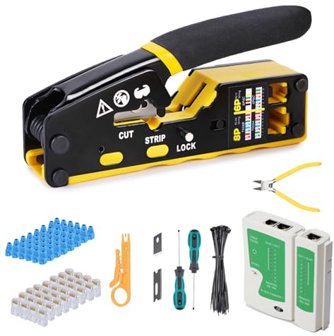 RJ45 Crimp Tool Kit Pass Through Crimper Ethernet Crimping Kit Cat5e Cat6 Plugs Crimping Tool Kit for RJ11/45 6P/8P with Network LAN Cable Tester, 50Pcs Cat 6 Pass Through Connectors