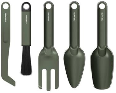 Fiskars Urban Plant Care Pflanzwerkzeuge Set, 5-TLG | All-in-One-Kit für Zimmerpflanzen, Platzsparendes Design, Edelstahl mit Pulverbeschichtung, Olivgrün, 1080778