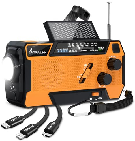 Extralink Kurbelradio Notfallradio mit Solar & Kurbel, Ladefunktion 4000 mAh mit integrierten Ladekabeln, FM/AM Radio, LED Taschenlampe & Leselicht, SOS Alarm - für Blackout, Camping & Outdoor