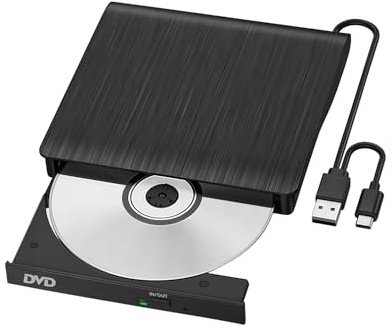 Rivvra External CD DVD Drive USB Portable Tray Loading Optical Drive DVD-ROM CD-ROM Reader for Laptop Desktop All-in-One Computer Compatible with Windows and Mac OS Black Brushed Dual Cable Design