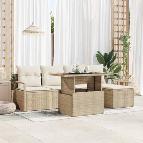 RMIHSJG Garten-Sofa-Set mit Stauraum 6-teilig Beige Poly Rattan, Höhenverstellbarer Tisch, Wetterbeständige Kissen, Modernes Design für Terrasse und Balkon, Langlebiges Material,