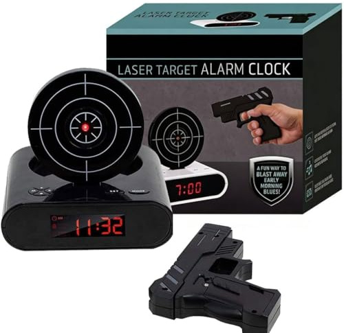 Gun and Target Wake Shot Alarm Clock, Creative LED Display Digital Alarm Clock mit 2 Interessanten Alarmmodi, Digitaler Ziel Wecker, Digitaler LED-Anzeige-kreativer Waffenwecker für Zuhause (Schwarz)