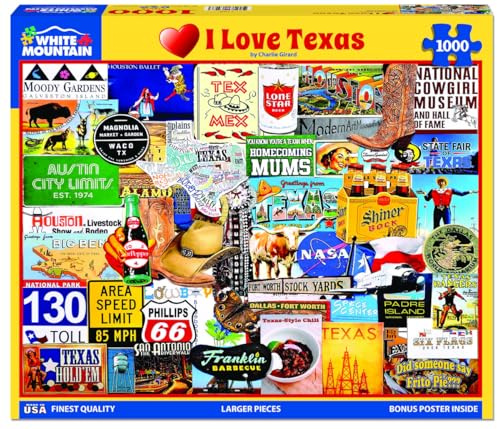 White Mountain I Love Texas 1000 Piece Jigsaw Puzzle 760mm x 610mm (wmp) | Large Pieces, Gift for Adults and Family, 24x30 in