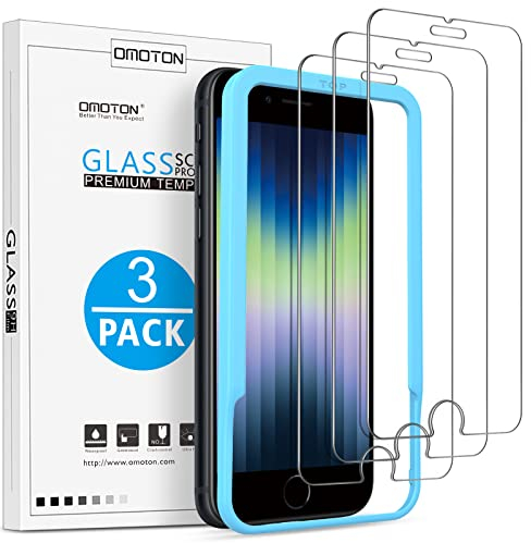 OMOTON [3 Stück Panzer Schutz Glas für iPhone SE 2022/iPhone SE 2020, iPhone 8/7, Schutzfolie mit Installationsrahmen, 9H Härte, Anti-Kratzer, Anti-Öl, Anti-Bläschen