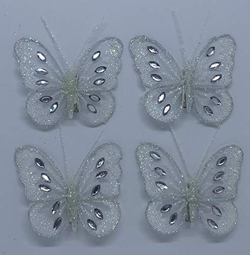 Diamante Glitter Mesh Jewelled Butterfly 3D Decorative Butterflies Wedding Home Party Event Craft Embellishment Festive Stylish Xmas Tree Christmas Decoration Curtain Clip On (4 x White)