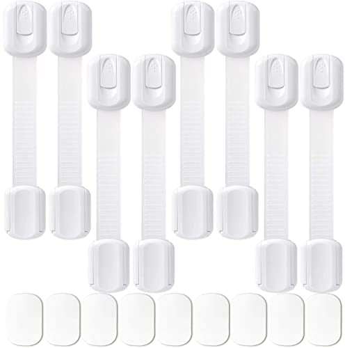 8 Pack White Baby Safety Locks - SACONELL Child Proof Cabinets Strap Locks, Self Adhesive Adjustable Latches for Cupboard Doors, Drawers, Cupboard, Appliances, Toilet Seat, Fridge and Oven