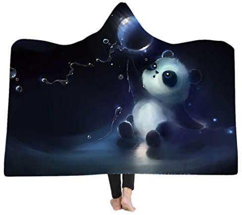 Gelber Löwenkopf Panda Mit Kapuze Decke für Erwachsene Kind Gothic Süßes Tier Modus Sherpa Fleece Wearable Decke Mikrofaser Bettwäsche (Panda, 150x200cm)