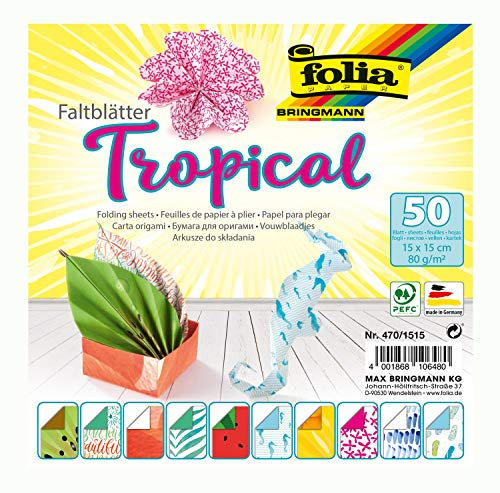 folia 470/1515 - Faltblätter Tropical, 15 x 15 cm, 80 g/qm, 50 Blatt sortiert in 10 Motiven - ideal für wunderschöne Faltfiguren und -formen
