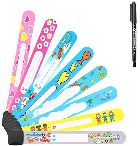Vicloon Notfall-Armband für Kinder, 8 Stück Sicherheits ID Armband mit 1 Marker Stift, Anti verloren Notfallarmband Wasserdichtes Wiederverwendbares für Jungen Mädchen Kleinkind Baby