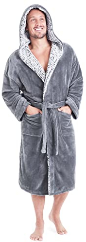 CityComfort Peignoir Homme Chaud en Polaire | Robe De Chambre à Capuche Longue Coupe Élégante avec Passepoil Contrasté | Peignoirs De Bain Confort Ultra Doux | Cadeau Homme Chic (XL, Gris)