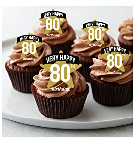 12 80th Birthday Gold Star Standing edible party decorations Cupcake Cake Toppers Wafer Rice Card