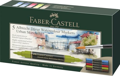 Faber-Castell 160308 – Akvarellmarkör Albrecht Dürer med dubbel spets för platt och exakt färgapplicering, 5-pack, urban skiss, färgglada