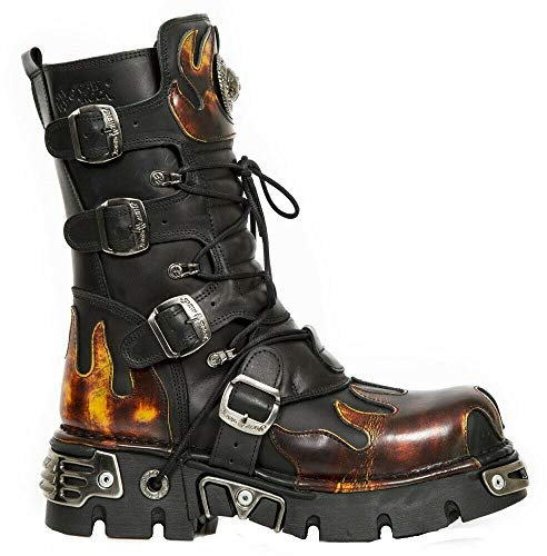 New Rock 591-S1 Stivali Gotici Punk di Pelle Nera con Fiamma Rossa Metallizzati 39