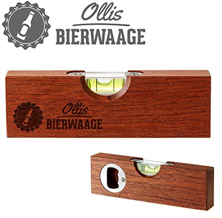 Casa Vivente Kleine Wasserwaage aus Holz mit Gravur Bierwaage, Personalisiert mit Namen, Flaschenöffner, Lustiges Multitool als Gadget