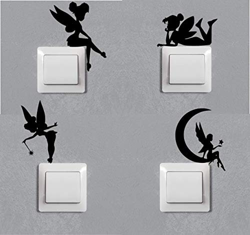 Cuatro modelos vinilo de hadas . Pegatina negra con diseños de hada para enchufes o llaves de luz. Todo tipo de superficies secas