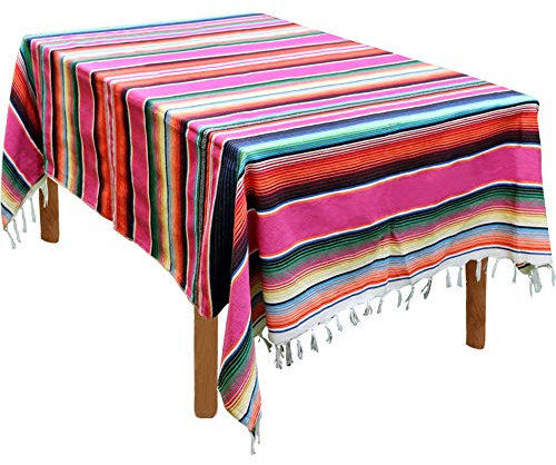Hxezoc Mexikanische Decke, gestreifte Tischdecke, groß, quadratisch, Fransen, Baumwolle, mexikanische Serape-Tischdecke für mexikanische Party, Hochzeitsdekorationen, Outdoor-Tischdecke (Rosa)