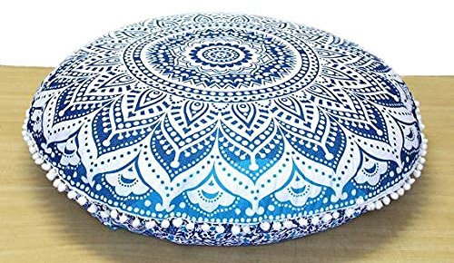 Mandala-Bodenkissenbezug, 81,3 cm, rund, bunt, dekorativ, Boho-Chic, für Hundebett, indischer Pouf, Ottomane, handgefertigt, Ombre-Blau