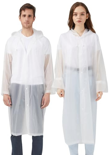 UPSEN Rain Ponchos for Adults, Reusable Raincoats for Women Men, 2 Pack Emergency Rain Jacket with Hood for Disney Outdoor, White