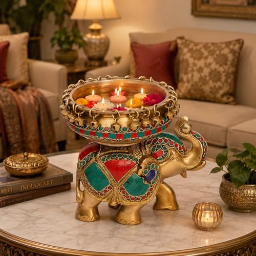 ARTVARKO Brass Multicolor Elephant Urli Decorative Urli Bowl For Flowers - Handcrafted Round Floating Floral Candles Bowl For Home, Office, Living Room Decor, 500 ML