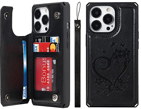 Cavor for iPhone 13 Pro Case with Card Holder,for iPhone 13 Pro Wallet Case for Women Men,Phone Case for iPhone 13 Pro Case with Stand & Strap,Leather Shockproof Protective Case Cover- Black