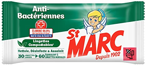 ST MARC Sachet de 60 lingettes normales (=30 larges) Lingettes Compostables Anti-Bactériennes
