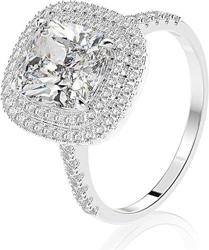 CUSIOALQQ Modischer Ring, Kissenschliff, 4 Karat Zirkonia, Diamanten, 925er Sterlingsilber, Verlobungsring, Ehering für Damen, O, Silber