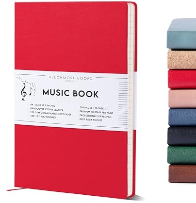 Beechmore Books Notenbuch A4 (21,6 × 29 cm) – 156 Seiten, 120 g/m² | Hardcover aus Veganleder, Perforierte Notenzeilen, Lay-Flat, Geschenkbox für Musiker, Komponisten, Lehrer