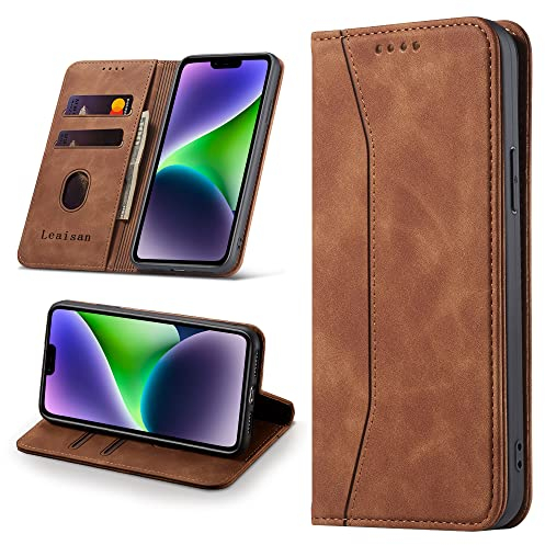 Leaisan Handyhülle für iPhone 14 Hülle Premium Leder Flip Klappbare Stoßfeste Magnetische [Standfunktion] [Kartenfächern] Schutzhülle für iPhone 14 5G (6,1 Zoll) Tasche - Braun