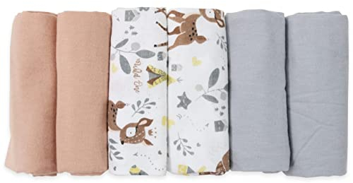 FENSILO Moltontücher, 6er Pack-Flanellwindeln aus 100% Baumwolle-80x80cm,Moltonwindel Spucktücher Baby, Spucktuch Flanell Moltontuch Unisex Spucktücher für Jungen oder Mädchen Rosa Animal grau