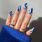 Shimmery Striped Press on Nails,Blue Short Coffin Full Cover Fake Nails, Ballerina Shiny Acrylic Artificial False Nails Stick on Nails for Women Girls,Reusable Glue on Nails 24 pcs with Adhesive Tab