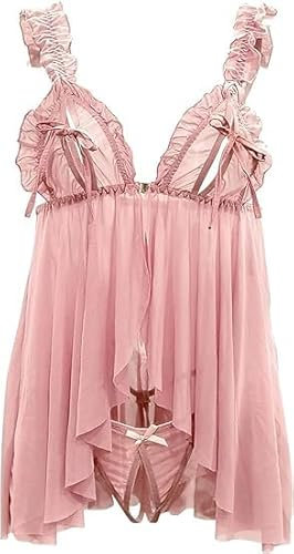 VicSec Lingerie per Donna Babydoll in Pizzo Camicia da Notte Sexy in Maglia Chemise con Scollo a V Abito da Notte +G-String Senza Maniche Pigiama Regolabili Spalline Camicia da Notte