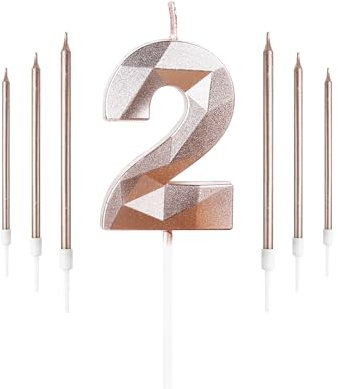 Yiran Rose Gold 2nd Birthday Candles Set, Number 2 Candle with Long Candles, for Cake, Candle, Cake Topper Decorations Party Wedding Anniversary