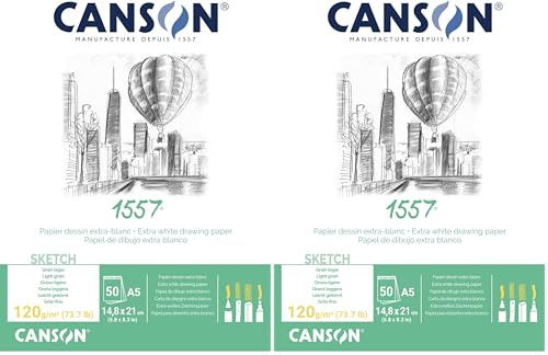 CANSON 1557 120gsm A4 White Sketch Paper Pad, Light Grain, Glued Short Side, 50 Extra White Sheets, Ideal for Professional Artists & Students (Pack of 2)