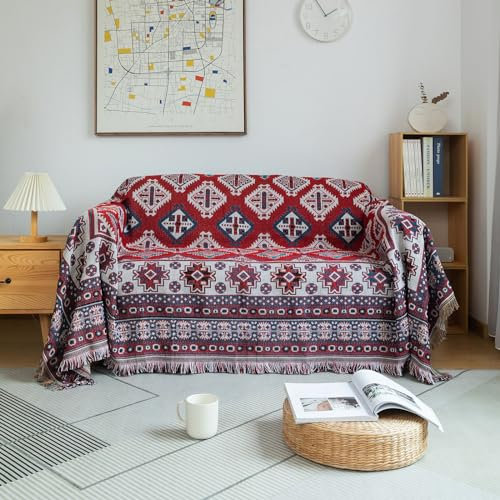 DREAMINGO Boho-Couchbezug für 3 Kissen, Couchbezug, waschbar, gestrickt, Möbelbezug für Hund, geometrischer Couchbezug, Decke, Sofaüberwurf (XXL, 180,3 x 381 cm)