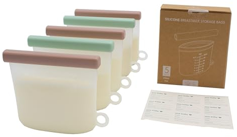 Bolsas de almacenamiento de leche materna de silicona, paquete de 5 bolsas reutilizables para lactancia, sin BPA, silicona de grado alimenticio y capacidad de 210 ml, doble sellado para evitar fugas,