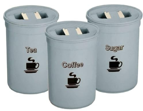 SIDSONS 3 Piece Set Tea Coffee Sugar Canister Set 850ml Plastic Round Home Kitchen Tea Coffee Sugar Container Tin Airtight Storage Jars Set (pastel Blue)