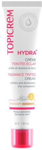 Topicrem - Hydra+ Radiance Tinted Cream SPF 50 Tönungscreme mit mittlerer Glanz, getönte Feuchtigkeitscreme für empfindliche und dehydrierte Haut - Medium 40 ml