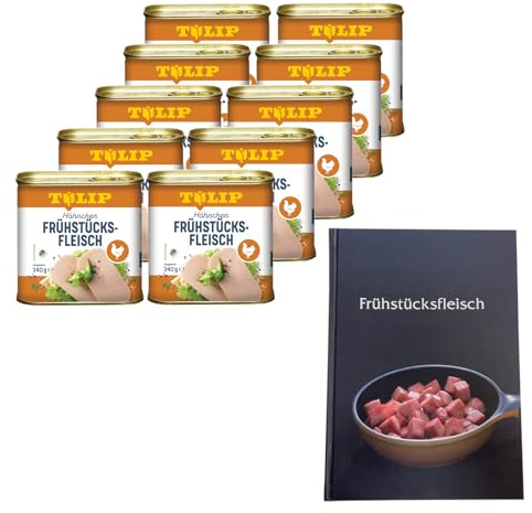 TULIP 10x Hähnchen-Frühstücksfleisch 340g + Kochbuch | Geflügel-Frühstücksfleisch in der Dose und ein passendes gebundenes Kochbuch mit 57 Rezepten | 80% Hühnerfleisch