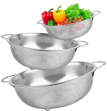 3pcs Passoire Cuisine, Passoire Inox Avec Poignées, Passoires à Pâtes en Acier Tamis Micro Perforée, Crépine à Mailles Fines Polie Brillante, Passoire de Cuisine en Métal Pour Pâtes, Fruits, Légumes