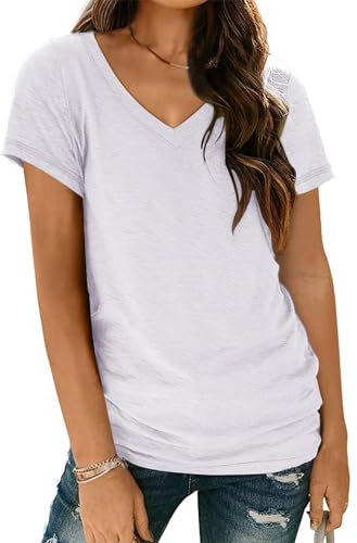 AirMood Women Sexy V Neck Casual Tee Tops Summer Short Sleeve Shirts Tshirt (White,XL)