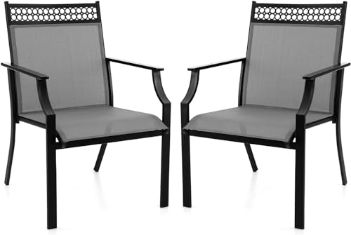 GOPLUS Gartenstühle 2er Set, Bistrostuhl mit Rückenlehne & Armlehne, Balkonstuhl aus Metall bis 150 kg belastbar, Essstuhl Outdoor für Terrassen Garten Balkon (Grau)