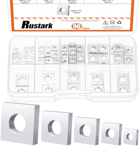 Rustark Kit surtido de 90 tuercas cuadradas M3 M4 M5 M6 M8, tuercas cuadradas para máquina de rosca gruesa métrica chapada en zinc blanco para equipos electrónicos mecánicos
