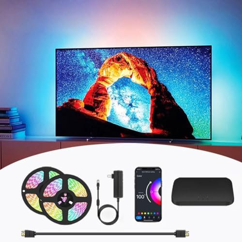 SHANGDAOYU Screen sync led strip with HDMI sync box, RGBIC colourful gaming strip, ambient lighting strip for 75-90 inch display, app controlled, music sync mode led strip with microphone