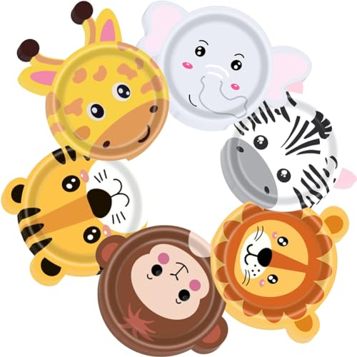 60 Pcs Safari Geburtstag Dekorationen - Safari-Thema Party Supplies enthalten Tier geformt Pappteller, für Wild One Partyzubehör, Serviert 60