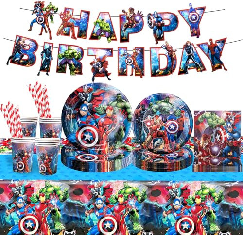 Sidesea Birthday Party Decorations 62PCS Party Tableware Set - Cake Theme - Red, Yellow, Blue, Green - Includes Plates, Napkins, Cups, Straws, Banner, Tablecloth