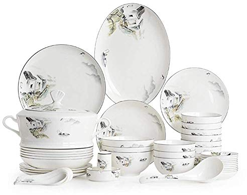 HONGZOO Service de Table de Luxe 60 pièces, Service de Table de Style Chinois Antique, Combinaison complète en Porcelaine, Assiettes/Bols/cuillères/Pot à Soupe, Service pour 10 Personnes