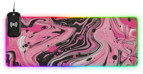 Blush and Black Marbling Wireless Charging Glowing large desk animal pad keyboard and animal mat giant mousepad glowing desktop 80.0x30.0 cm