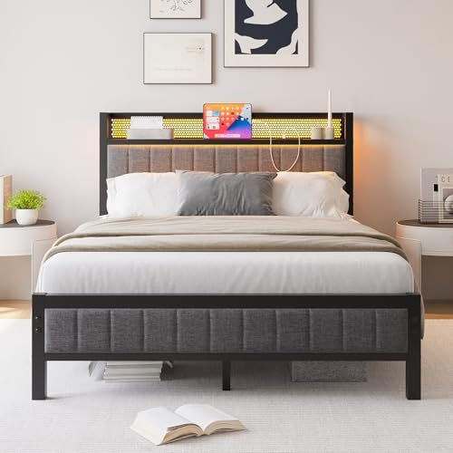 MOFLUT Double Bed Frame with Upholstered Headboard, Wooden Storage Headboard Shelf, 4ft6 Upholstered Bed Frame Double Bed with Charging Station/USB Ports and LED Lights (Gray)